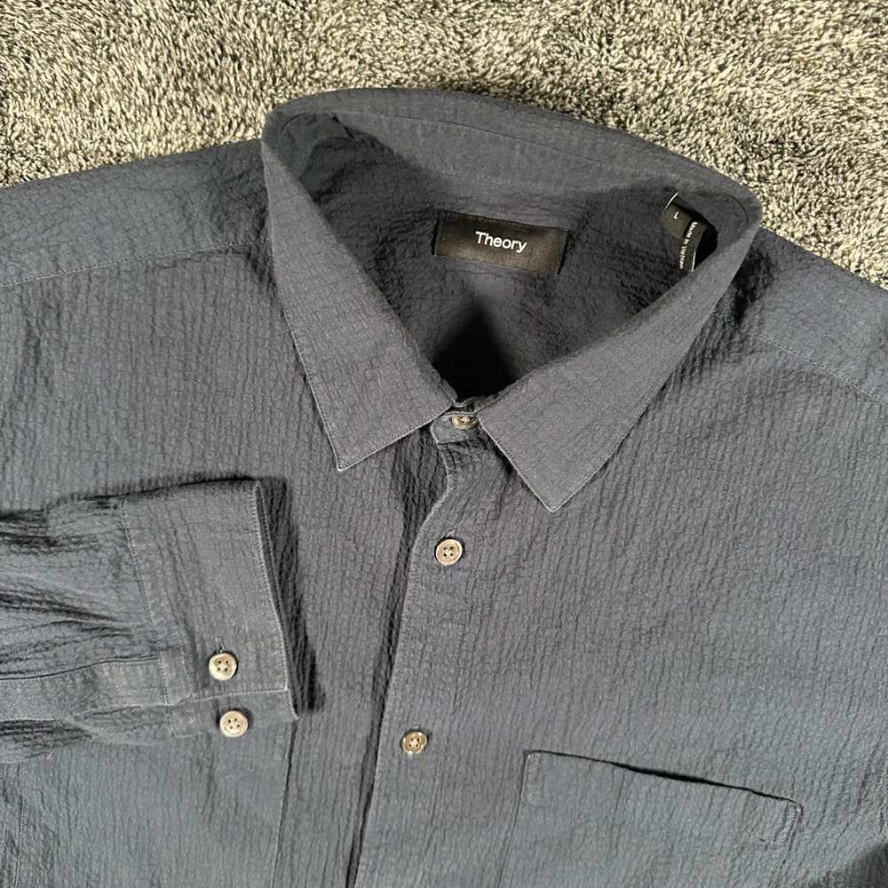Theory Shirt Mens L Irving 2P_Spring Ripstop Navy Blue Button Down Long Sleeve